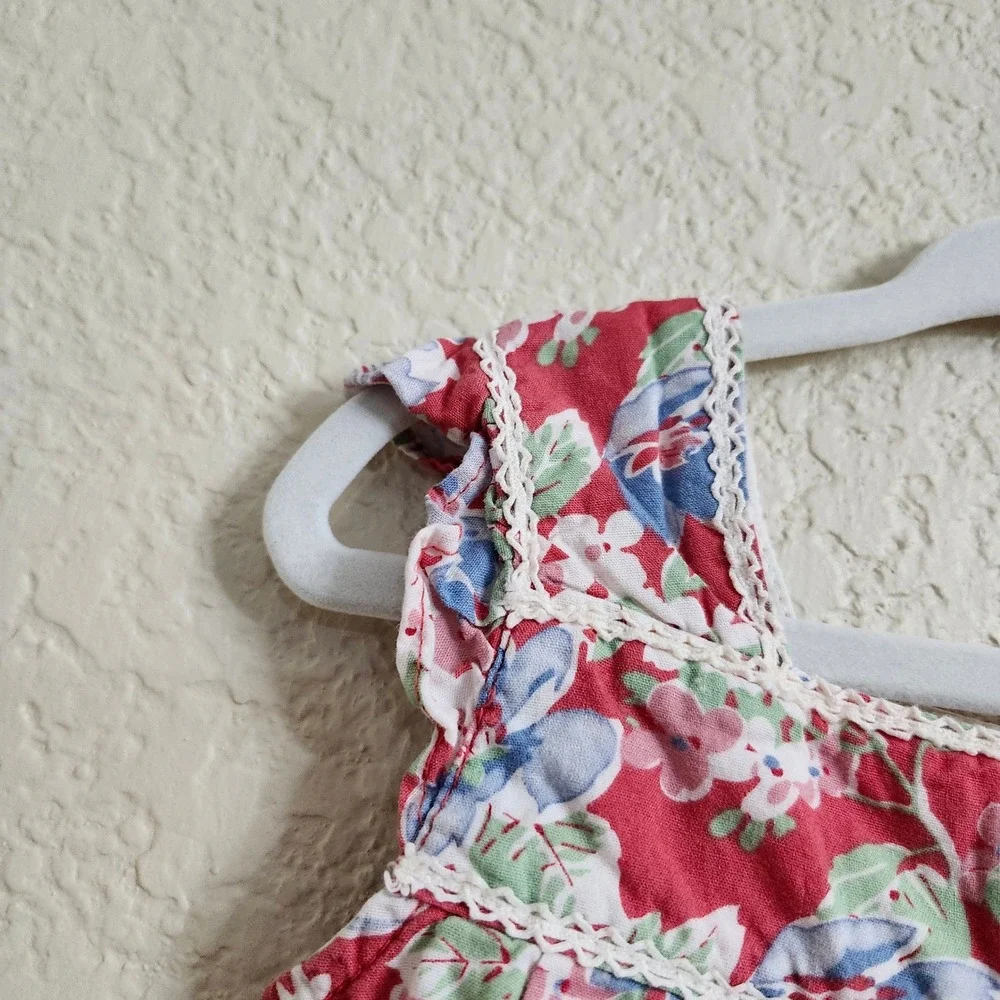 Ralph Lauren Size 24 Months Kid Red Floral Falmouth 100% Cotton Lace Trim Ruffle
